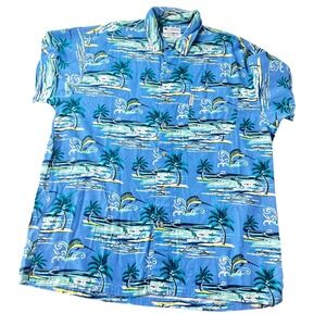 Columbia‎ Button Up Shirt L Blue Men All Over Print Swordfish Palm Tree Beach